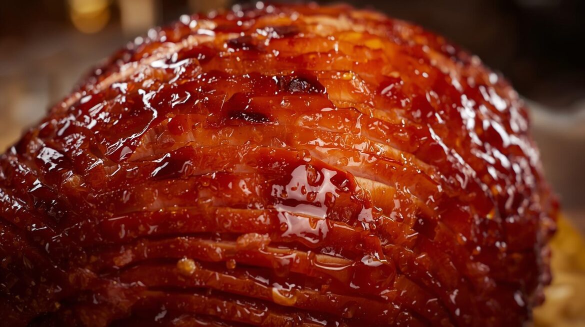 Honey baked ham Omaha with a glossy caramelized honey glaze and scored surface close-up