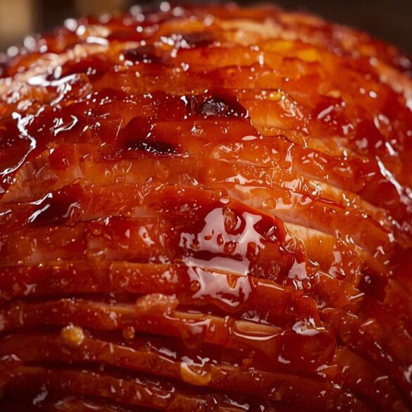 Honey baked ham Omaha with a glossy caramelized honey glaze and scored surface close-up